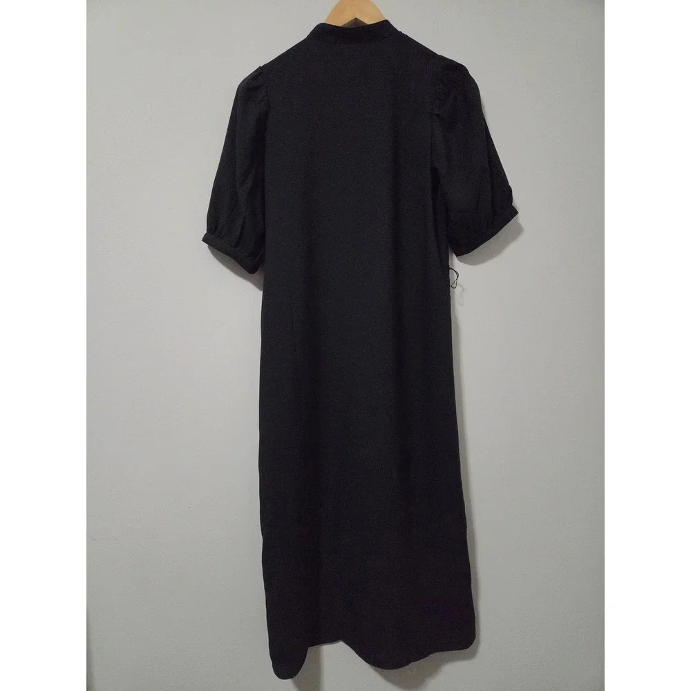 Ann Taylor Black Midi Shirt Dress Gold Button Front Puff Sleeve Size 2‎ RN77379